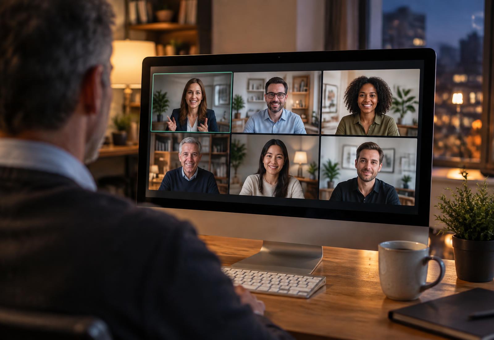 Over-the-shoulder view of a REIA director joining a live office hours video call